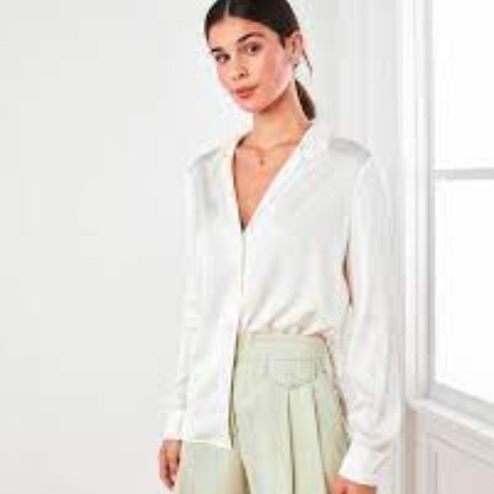 Quince Washable Stretch Silk Notch Collard Blouse - Ivory/XS